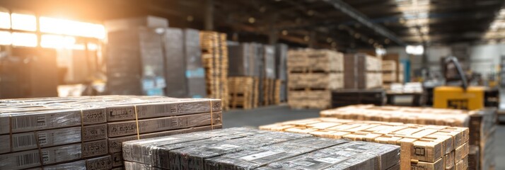 Fototapeta premium Efficient Warehouse Operation With Palletized Materials and Barcode Scanner Illuminated by Top Light in Bright Environment