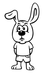 Funny big-eared hare in shorts. Cartoon character for children. Cartoon vector black and white illustration. Outline style