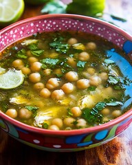 Caldo Tlalpeo Central Mexico chicken soup with chickpeas and chipotle high in protein and fiber comforting dish shown in colorful bowl