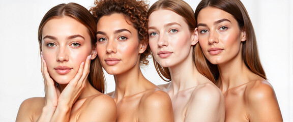 Diverse beauty portraits of four women in studio, celebrating individuality
