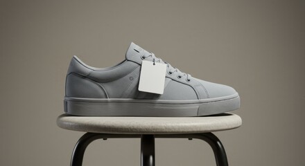 Stylish Gray Shoe on Stool with Blank Label