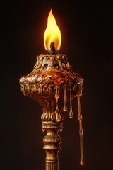 Fototapeta premium Ornate torch with melted wax dripping, illuminated by a bright, flickering flame