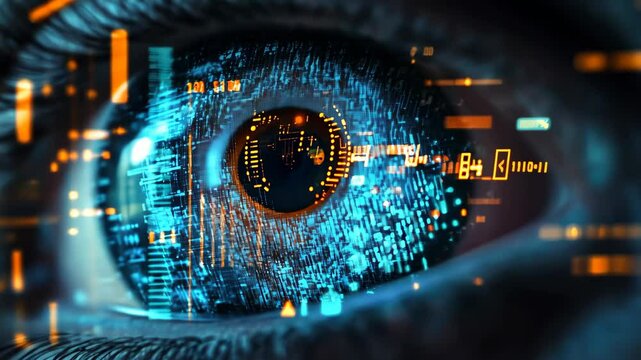 An eye enhanced by advanced technology, symbolizing artificial intelligence and cybernetic integration.