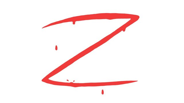Horizontal 4K video. Stop motion animation. Latin alphabet. Red hand drawn letter Z appears on white background. Drops of paint, blood, water flow down. Splashes. Concept of stop war, conflict, fight