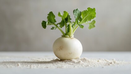 A Single White Turnip on Flour, Minimalist Still Life Photography