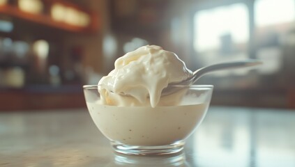 Creamy Delight: A spoonful of creamy goodness melting into a glass bowl, ready to be savored.