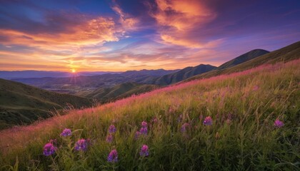 A scenic mountain landscape features a vibrant sunset and sunrise painting the sky with hues over hills and valleys