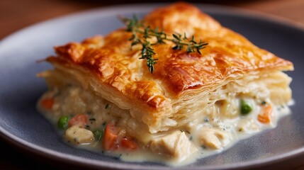 Deconstructed Chicken Pot Pie with Puff Pastry Shards and Thyme on Stoneware Plate