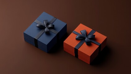 Elegant Gift Boxes: A Duo of Dark Blue and Burnt Orange Presents with Black Ribbons