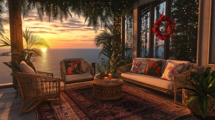 Cozy tropical lounge with rattan furniture, Christmas decor and sunset sea view in festive Bali-inspired setting