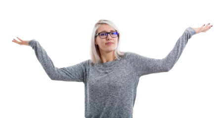 Proud young woman raising hands outstretched, feels powerful and successful isolated on transparent background. Winning gesture self development and confidence concept