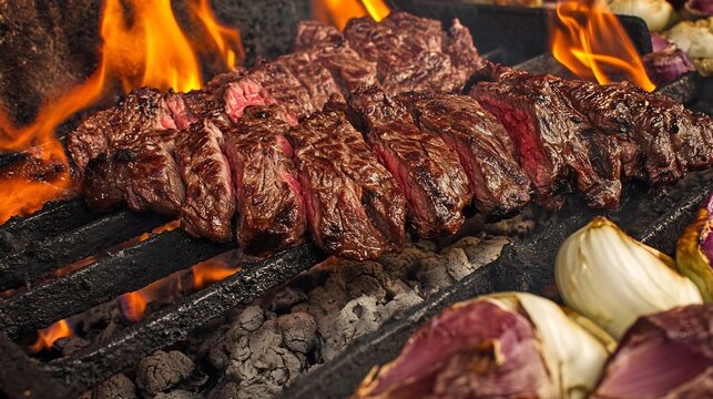 Carne Asada Northern Mexico grilled beef steak rich in protein and zinc classic outdoor dish shown on open flame grill