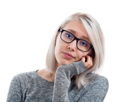 Sad pleading young woman wears eyeglasses looks bored of waiting for a new idea to come. Tired girl with hand under chin isolated on transparent background