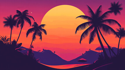 Fototapeta premium A tropical sunset featuring umbrellas and palm trees