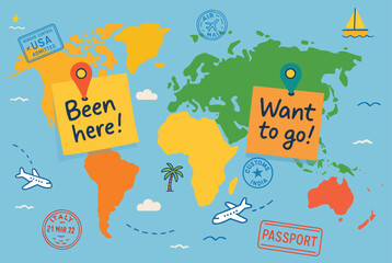 Travel Goals Map  Been Here and Want to Go Travel Concept Illustration