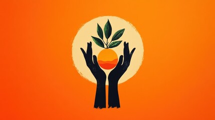 Abstract illustration of hands cradling an orange fruit with leaves, set against a warm orange background.