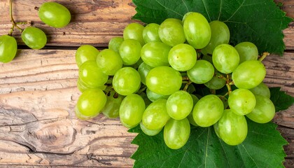 Fresh Green Grapes on Wooden Table Surrounded by Natural Leaves in Rustic Setting