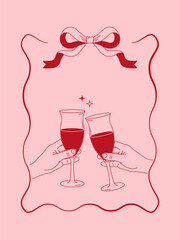 Minimalist illustration of a toast with two champagne glasses on a pink background with a decorative bow. Suitable for holidays and weddings.