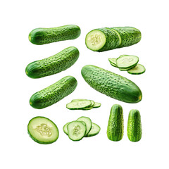 Fresh Green Cucumbers, Whole and Sliced, Isolated on Transparent Background