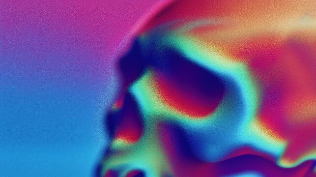 Abstract silhouette of a skull seen through a thermal camera effect with a vivid rainbow gradient. Surreal, psychedelic vibe with soft focus and blurred textures ideal for modern background.