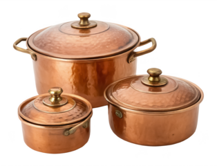 Vintage copper pot set PNG antique kitchenware PNG rustic copper cookware PNG old-fashioned cooking pots PNG traditional kitchen decor PNG transparent background image