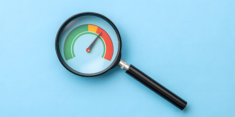 Magnifying Glass with Performance Gauge Showing Mostly Green Indicating High Productivity and Efficiency