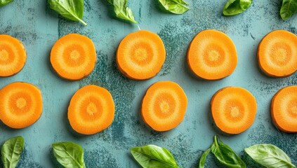Vibrant Carrot Slices with Basil Leaves