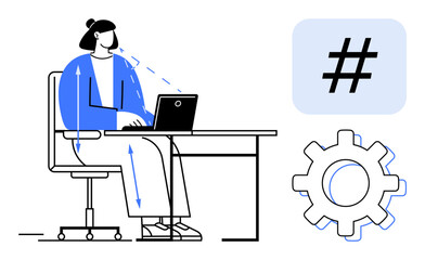 Female using laptop at desk, accompanied by a metadata tag and gear icon. Ideal for productivity, workflow, social media, technology, teamwork, marketing, simple landing page