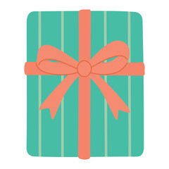 Teal gift box with vertical stripes and coral bow, great for holiday and celebration themes.