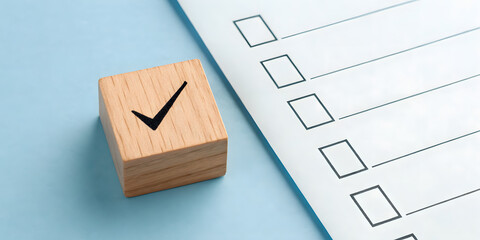 Fototapeta premium Wooden Block with Check Mark Next to Checklist on Light Blue Background