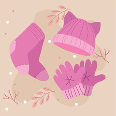 Winter gloves socks hat set. Vector