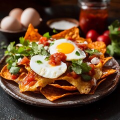 Chilaquiles Mexico traditional Mexican cuisine good source of protein and essential vitamins from eggs and salsa shown in authentic setting with fresh ingredients