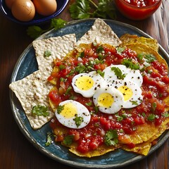 Chilaquiles Mexico traditional Mexican cuisine good source of protein and essential vitamins from eggs and salsa shown in authentic setting with fresh ingredients