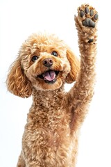 Fototapeta premium Happy dog raising a paw in a joyful pose against white background. Fluffy, light brown coat. Visible tongue and teeth. Clear, bright eyes. Friendly expression