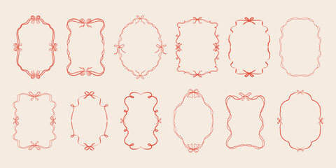 Set of doodle hand drawn trendy coquette frames with bows, ribbons. Minimalist vintage whimsical borders. Modern vector design template for wedding invitation, birthday card, print, holiday poster. 