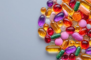 A vibrant collection of different shapes and sizes of pills and capsules arranged on a smooth light surface, showcasing bright colors and textures. Some are gel-like while others are tablet forms.