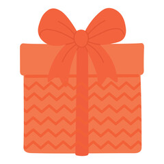 Bright orange gift box with zigzag pattern and lid, decorated with large matching bow on top.