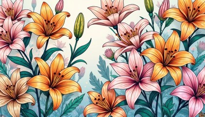 Intricate line art, blooming lilies, continuous pattern, seamless, wallpaper