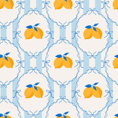 Seamless pattern with lemons in whimsical frames, bows on striped background. Italian vacation aesthetics. Modern trendy vector design for print, fabric, wallpaper, wrapping paper.