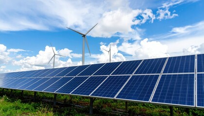 Solar Panels and Wind Turbines Under Cloudy Sky &ndash; Clean Energy Concept