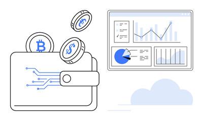 Cryptocurrency coins emerging from a digital wallet alongside a data dashboard displaying charts and graphs. Ideal for fintech, cryptocurrency, investment, trading, blockchain, analytics