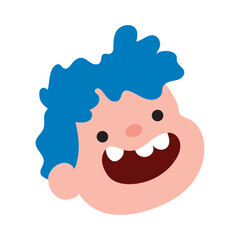 Blue-haired boy cheerful face. Vector