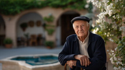 Elderly man sharing stories in a Cordoba courtyard