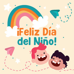 Happy kids and rainbow scene. Vector