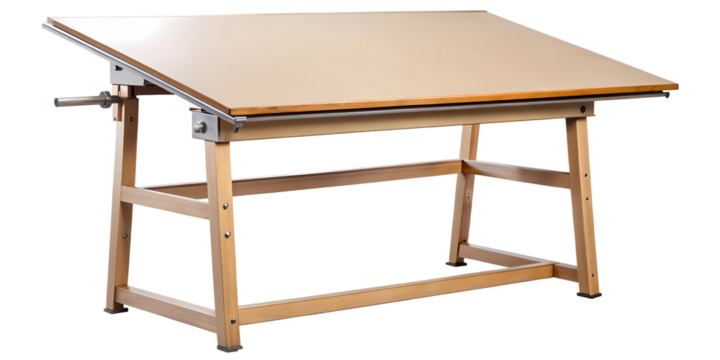 Elegant wooden drafting table with adjustable height and tilt mechanism shown isolated