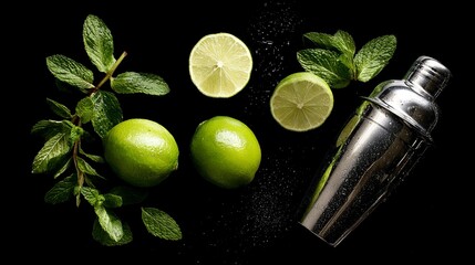 Refreshing Lime Mojito Cocktail Ingredients Fresh Mint Limes Metal Shaker Black Background Summer Drink Recipe Photography Vibrant Green Citrus Cool Beverage Professional Image    