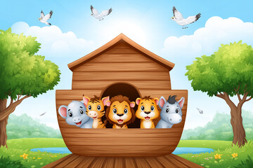 Cartoon Animals Joyfully Entering a Large Wooden Ark in a Vibrant Outdoor Setting During Sunny Weather