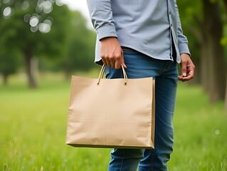 Man holds an eco-friendly small shopping handbag, standing outdoors among grass and trees. The image features empty copy space for mockup and business use