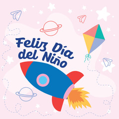 Rocket and kite in sky. Vector