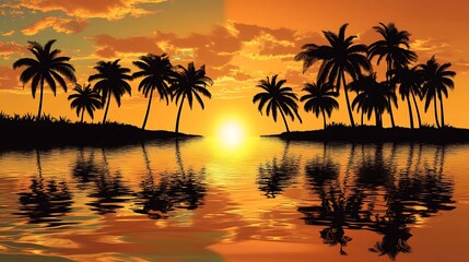 Silhouette of a tropical island at sunset.